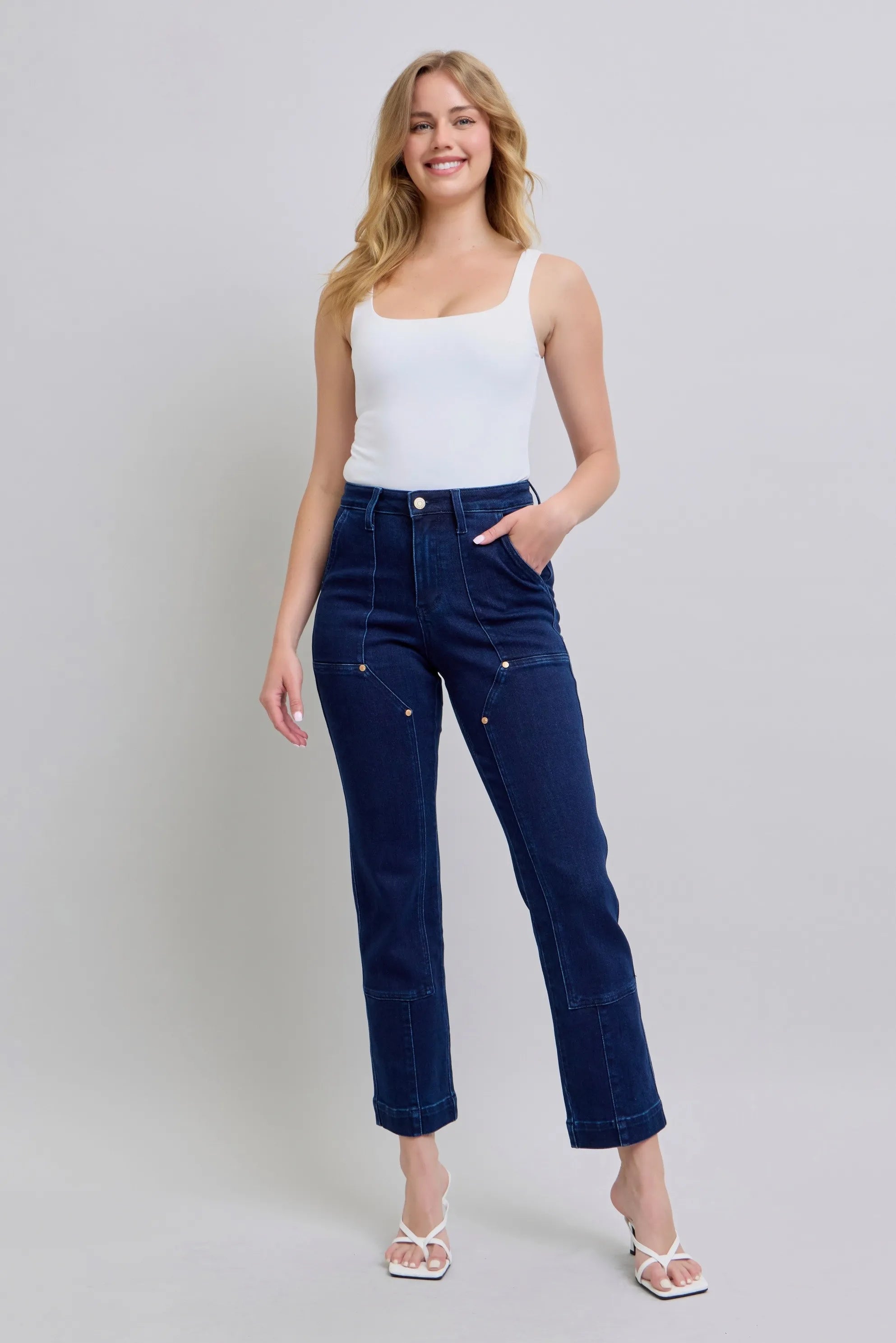 Judy Blue Straight Jeans High Waist Rivet Work Wear Knee Patch Dark Wash 4519ddd3b25f4c5392876b36b00e040c-Max-Origin Trendsi