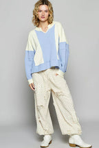 POL Women's Sweatshirt Cream Blue Color Block Waffle Knit Raw Hem Top 451be4e6-99af-4c91-8244-a9963a1ad0bf-Max-Origin Trendsi