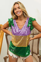 BiBi Womens Blouse Mardi Gras Sequin Color Block Ruffled Top Short Sleeve 451d566b817d4155bb00c26c1e41422b-Max-Origin Trendsi