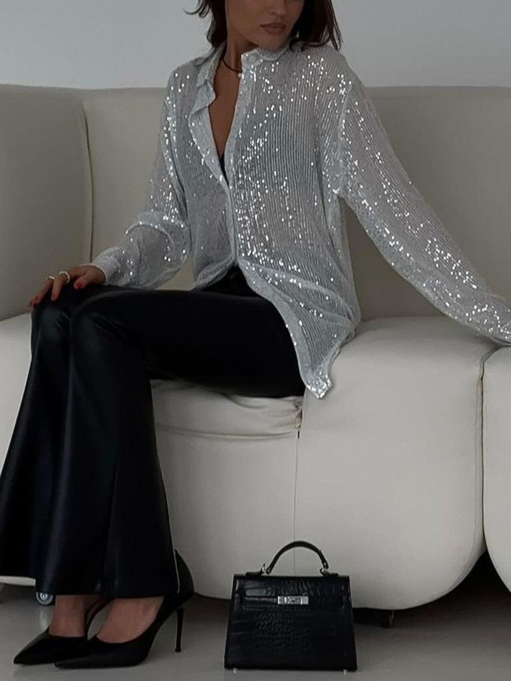 Women's Sequin Shirt Button Up Long Sleeve Sheer Fashionable Blouse 451d80b6-8540-47a6-bff1-e821a75f2869-Max Trendsi