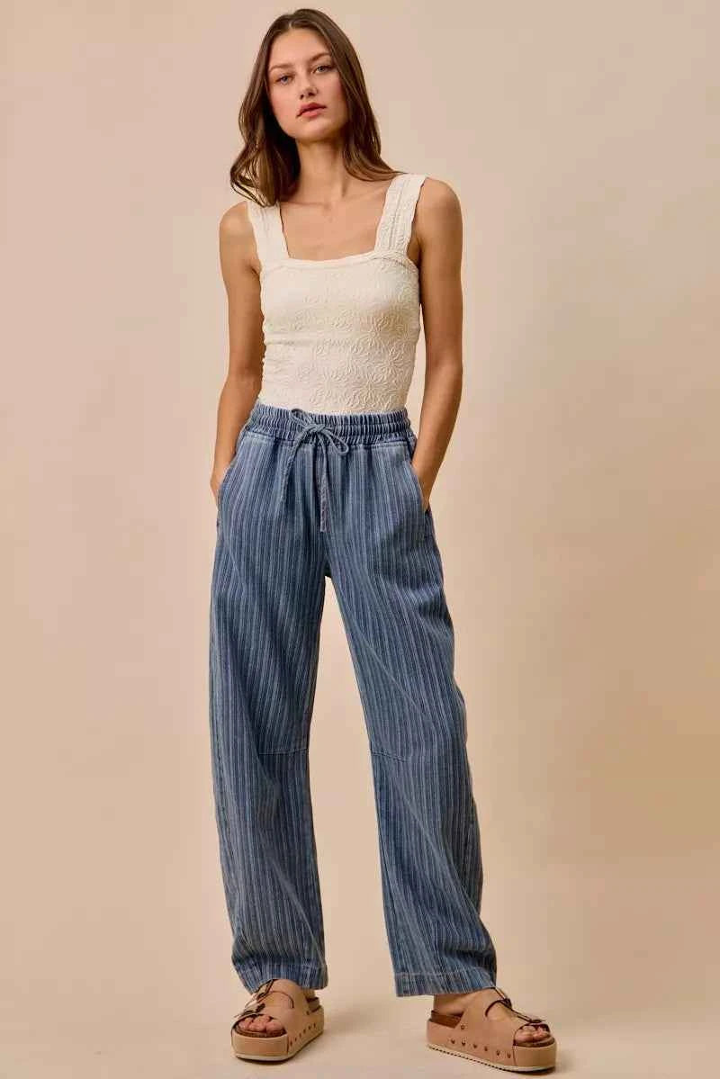 SO ME Stripe Denim Barrel Jeans Drawstring Waistband
