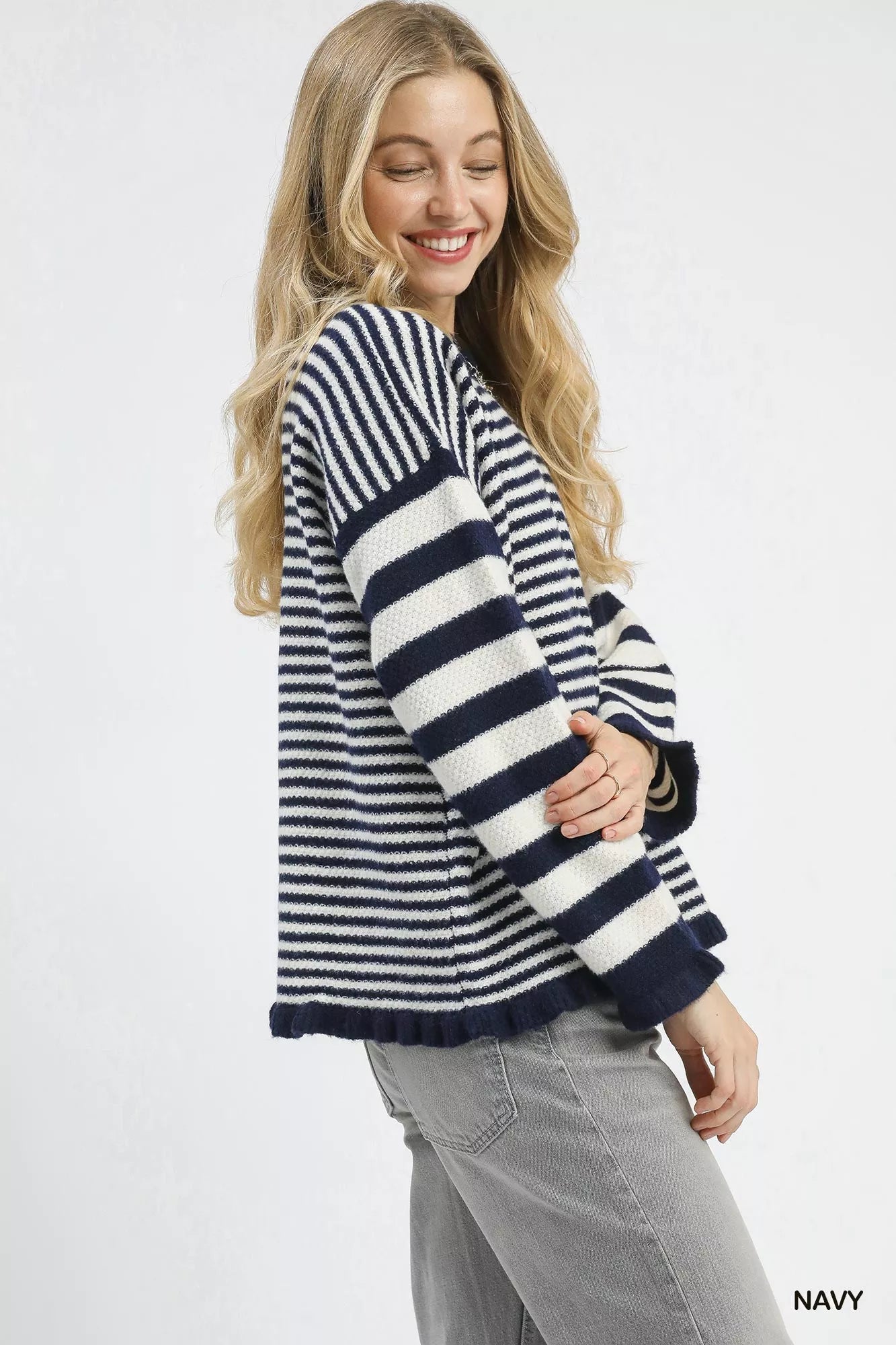 Umgee Womens Sweater Navy Striped Ruffle Neck Loose Pullover 451f4dc7-cf3a-4d9f-81c9-92a8fba68928-Max-Origin Trendsi