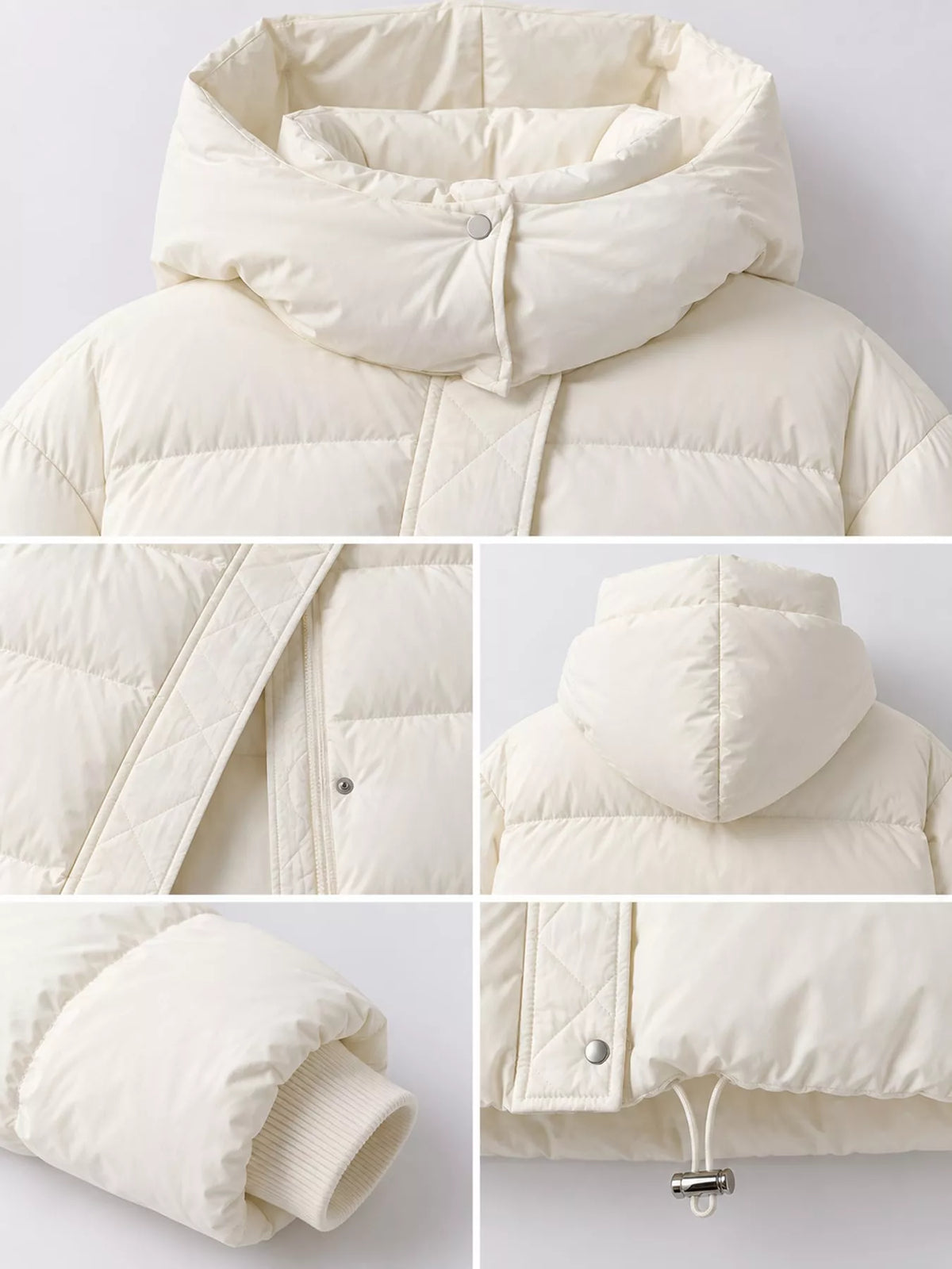 Detail collage of cream puffer jacket construction including structured hood shape and metal cord lock