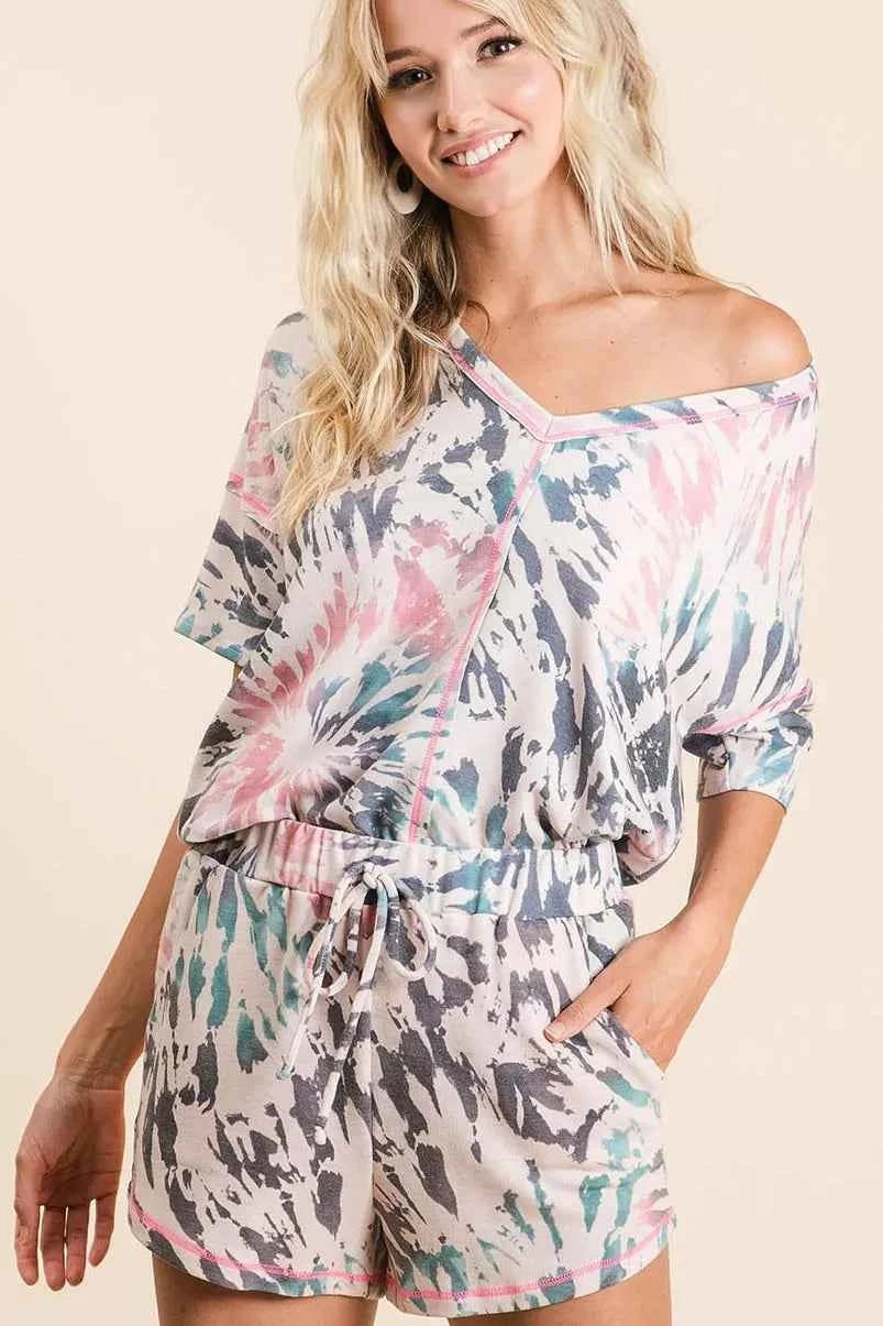BiBi Tie Dye Print Terry V Neck Top With Contrast Short Sleeve Blouse 452ea4e070c44e70a442d66b0e485f98-Max-Origin Trendsi