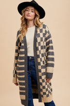 Women's Cardigan Annie Wear Dark Gray Checkered & Striped Open Long Sleeve Dark Gray 452f1ed9-2f87-4adb-86b5-340272338593-Max Trendsi