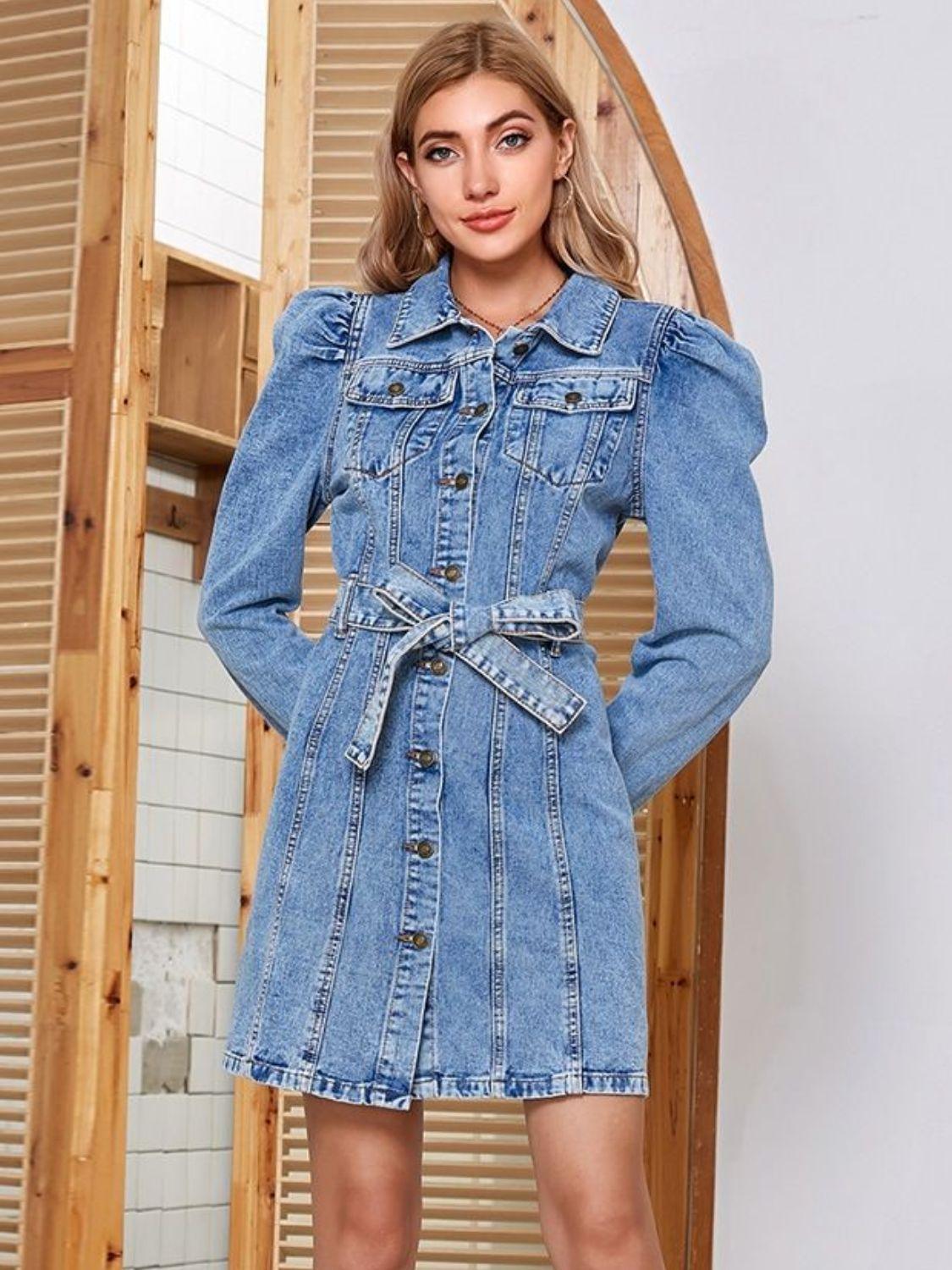 Denim Shirt Dress Tied Button Up Collared Neck Puff Long Sleeve