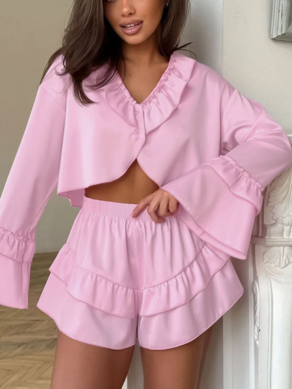 Ruffled V-Neck Top and Shorts Set