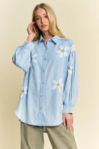 Davi & Dani Women's Denim Shirt Lightweight Washed Daisy Patch Waffle Knit Top 45317d7670f440918999d0a935704ecd-Max-Origin Trendsi