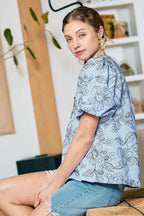 Umgee Blouse Floral Pastel Blue Print Puff Short Sleeve Casual Top 45456949-25d9-4de8-b9d0-8cda3ef59507-Max-Origin Trendsi