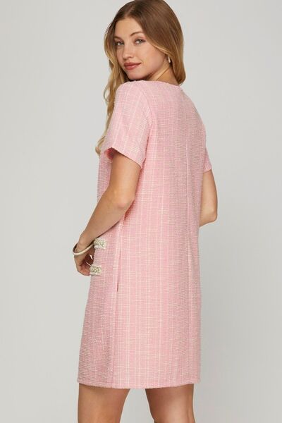 She + Sky Tweed Mini Dress Pearl Studded Trim Knit Pink Short Sleeve 4546735b-c43d-4000-b1ad-4bbf515c24dd-Min Trendsi