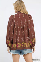Umgee Women's Blouse Rosewood Floral Boho Peasant Ruffle Tied Top 4547afd5-08ae-461e-96ef-4fc54e9cec68-Max-Origin Trendsi