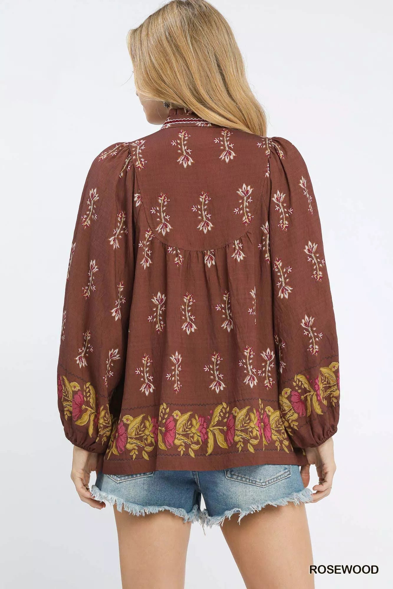 Umgee Women's Blouse Rosewood Floral Boho Peasant Ruffle Tied Top