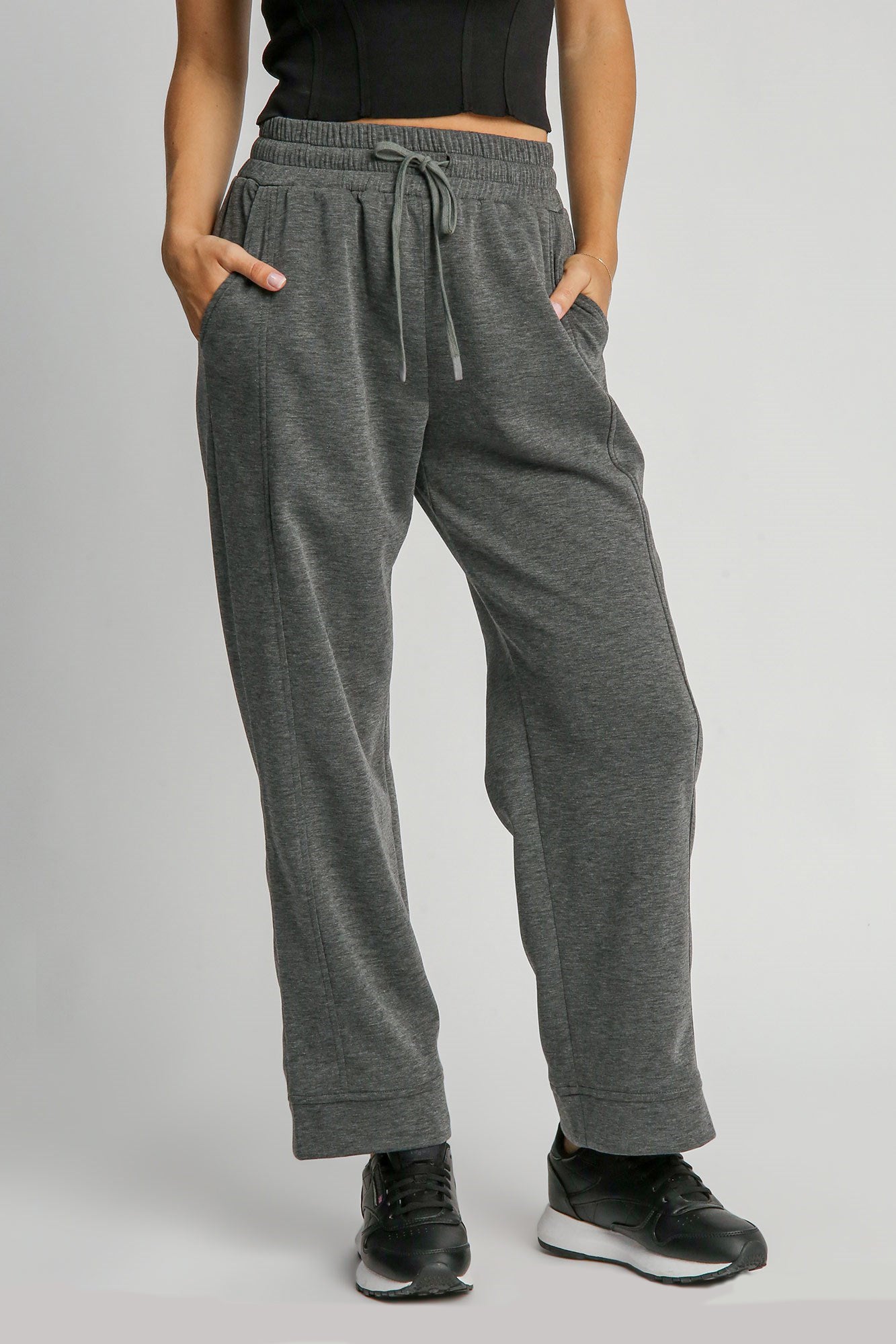 Umgee USA Sweatpants Dark Gray Drawstring Waist Wide Leg with Pockets Dark Gray