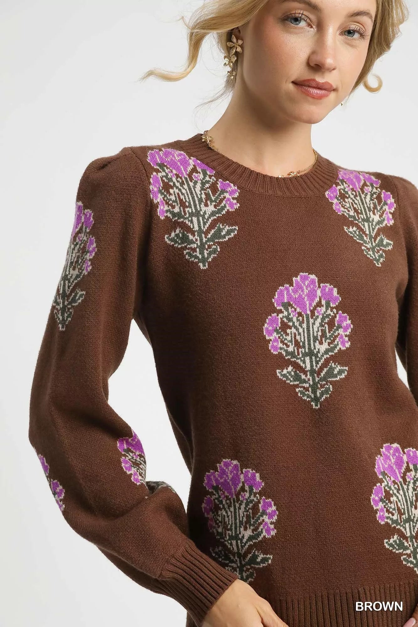 Umgee Womens Sweater Brown Jacquard Single Flower Stem Knit Pullover 45513ec6-f3b7-4d30-a222-60bc38d55de4-Max-Origin Trendsi