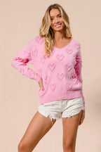 BiBi Women's Knit Top Pink Valentines Heart Pompom V Neck 4556d1b6faf8420da4e77c07a24c4e12-Max-Origin Trendsi