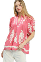 Umgee Boho Print Split-Neck Short Sleeve Top