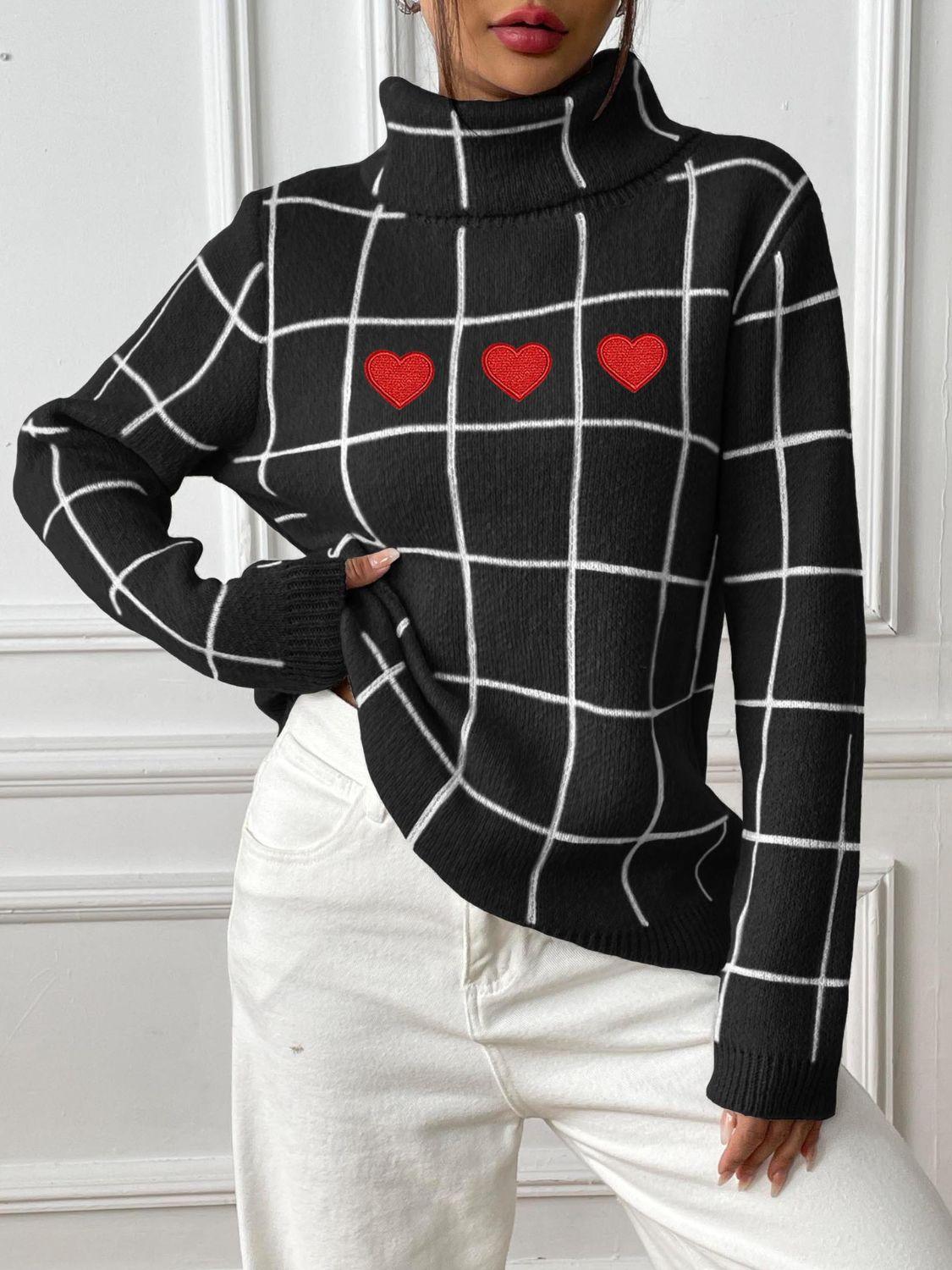 Heart Plaid Sweater Turtleneck Long Sleeve Casual Knitwear 456cf5aa-abc7-4c42-872a-0e0a20cdee8c-Max Trendsi