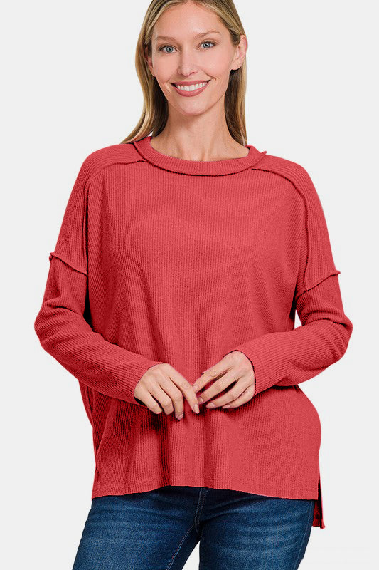 Zenana Red Women Sweater Exposed Seam Brushed Round Neck High-Low 4570a1bd-55b5-4bb9-b387-d94eeb8c27f7-Max Trendsi