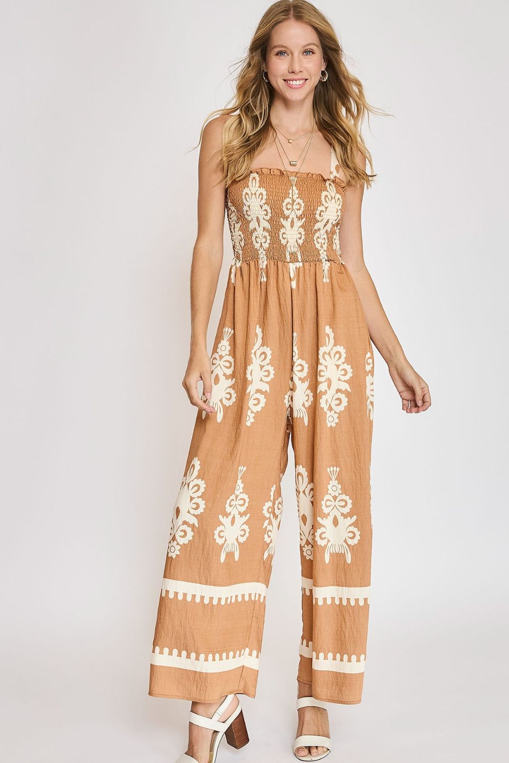 Umgee Jumpsuit Smocked Printed Wide Leg Strappy Mocha Overall MOCHA 4577094a-acab-4545-bd7d-a1d7325cc05e-Max Trendsi