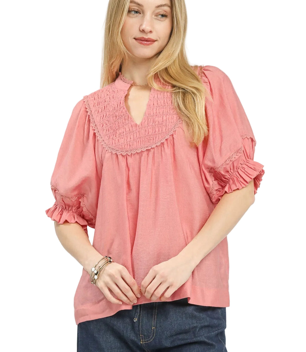 Umgee Smocked Yoke Blouse with Ruffle Sleeves