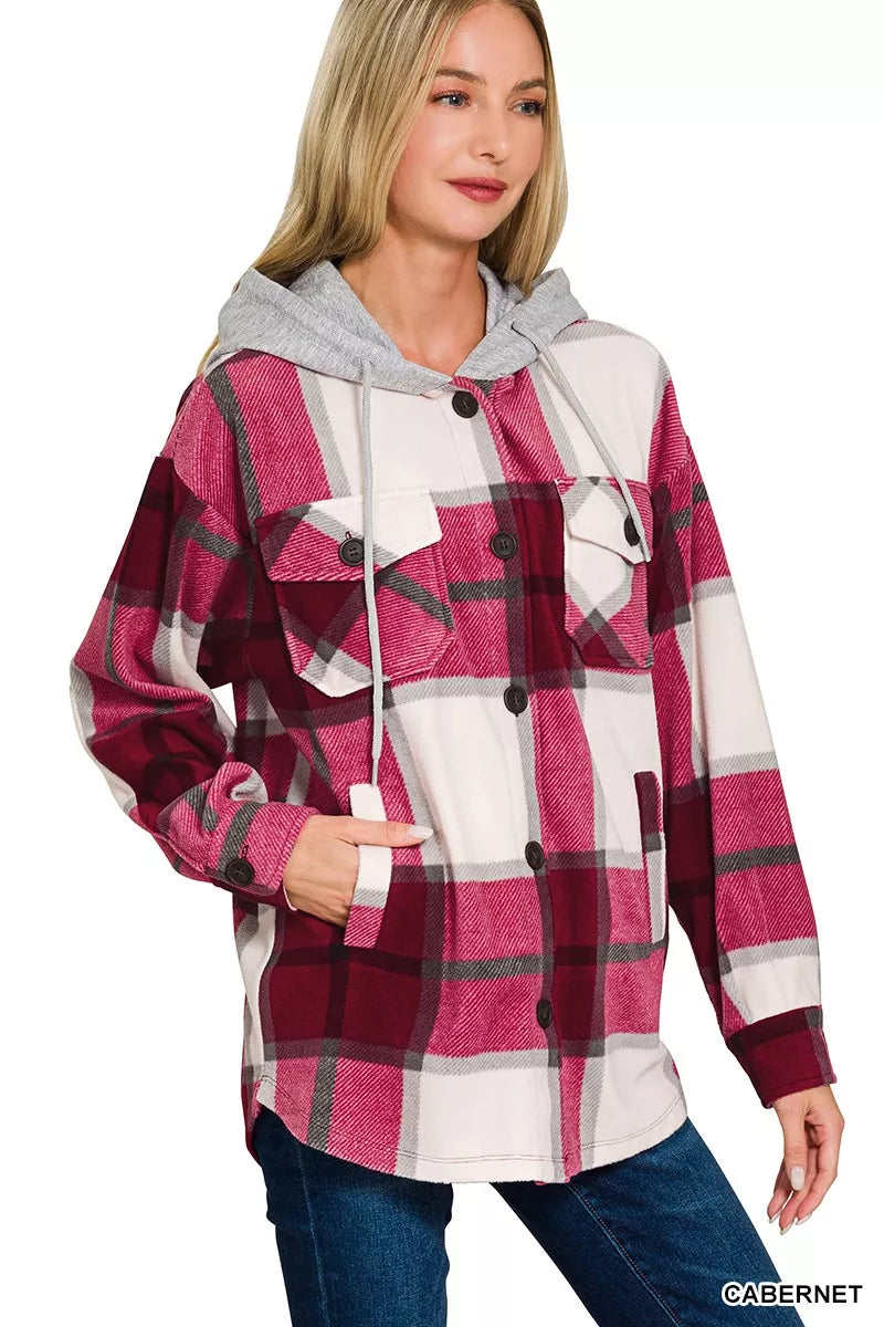 Zenana Plaid Drawstring Hooded Fleece Shacket 45816b9af6fa4f889981c5b8efb5bb11-Max-Origin Trendsi