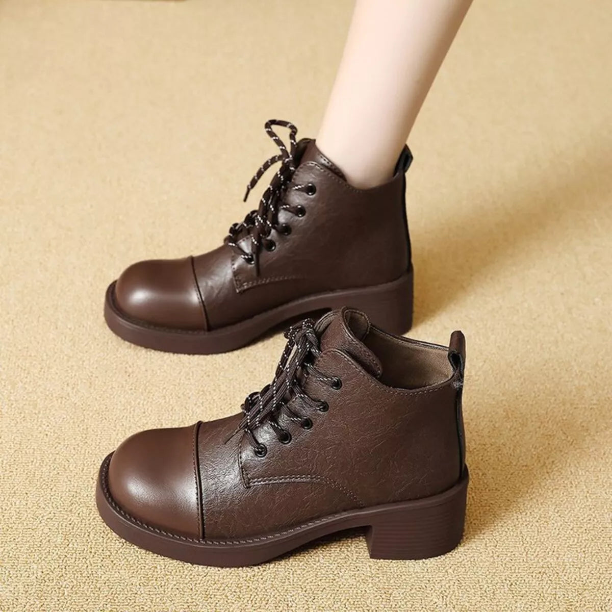 Women's Ankle Boots Pu Leather Round Toe Block Mid Heels Shoes 458c1fcb732b4b8c91bf351e0b343a00-Max-Origin Trendsi