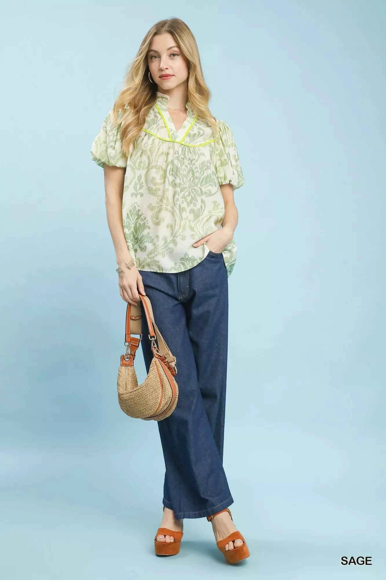 Umgee Blouse Sage Green Damask Puff Short Sleeve Ruffled Top 4591eeb6-aee0-48a0-aa41-0dcfd70c6378-Max-Origin Trendsi