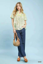 Umgee Blouse Sage Green Damask Puff Short Sleeve Ruffled Top 4591eeb6-aee0-48a0-aa41-0dcfd70c6378-Max-Origin Trendsi