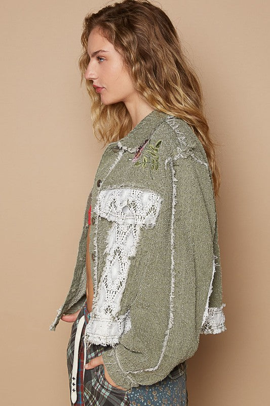 POL Jacket Crochet Lace Patch Embroidered 100% cotton Long Sleeve Pocketed