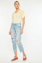 Kancan Boyfriend Jeans Women's Mid Rise Distressed Light Washed 45ab1695acbc4f2db0ddbb908ea0910a-Max-Origin Trendsi