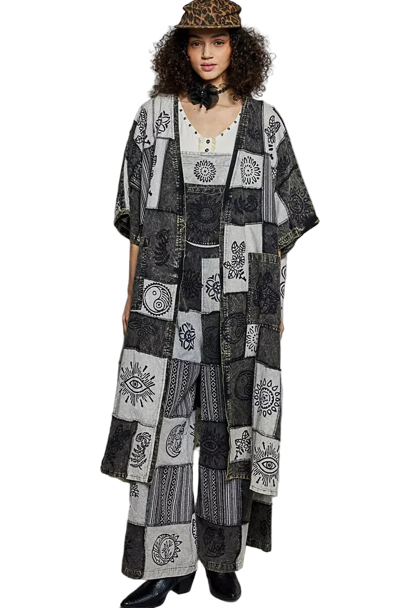POL Open Front Printed Patchwork Longline Cardigan