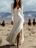 Long Sleeve Tiered Maxi Dress with Side Slit and Zipper Closure