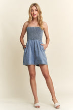 ADORA USA Denim Short Romper Smocked Spaghetti Strap Blue Pocketed 45bbf03e-0e0b-4b20-aa65-ac968d251baf-Max Trendsi