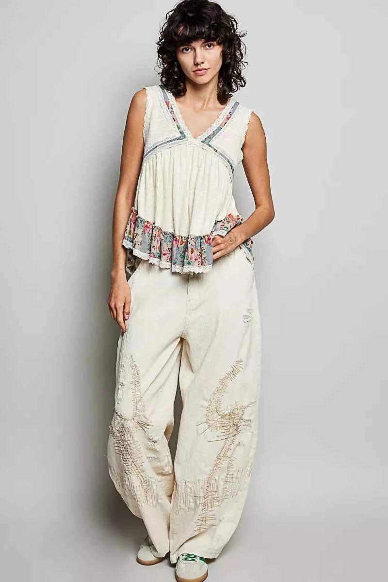 POL Lace Detail Ruffled Ribbed Sleeveless Top with Floral Pattern Trim Detail