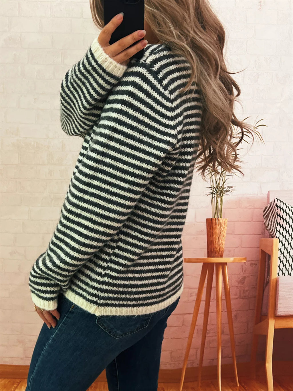 Women's Sweater Striped Button Detail Long Sleeve Pullover 45c8980a17df4313a1f034d1904e93be-Max-Origin Trendsi