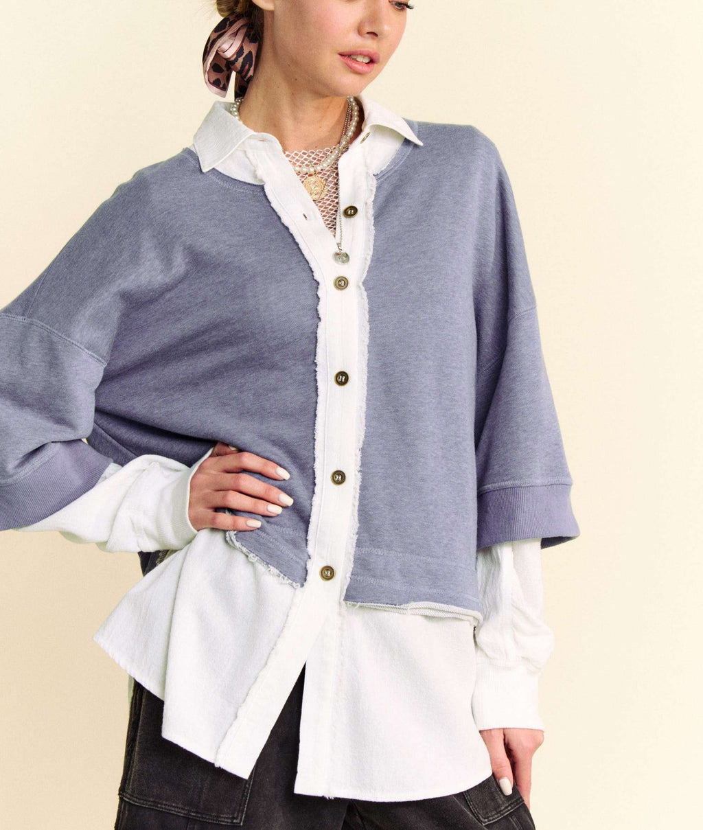 Davi & Dani USA Shirt Faux Layered Blue French Terry Contrast Ribbed Knit Top Denim Blue 45d218df-bb20-4c07-be10-90cb8f6a2f87-Max Trendsi