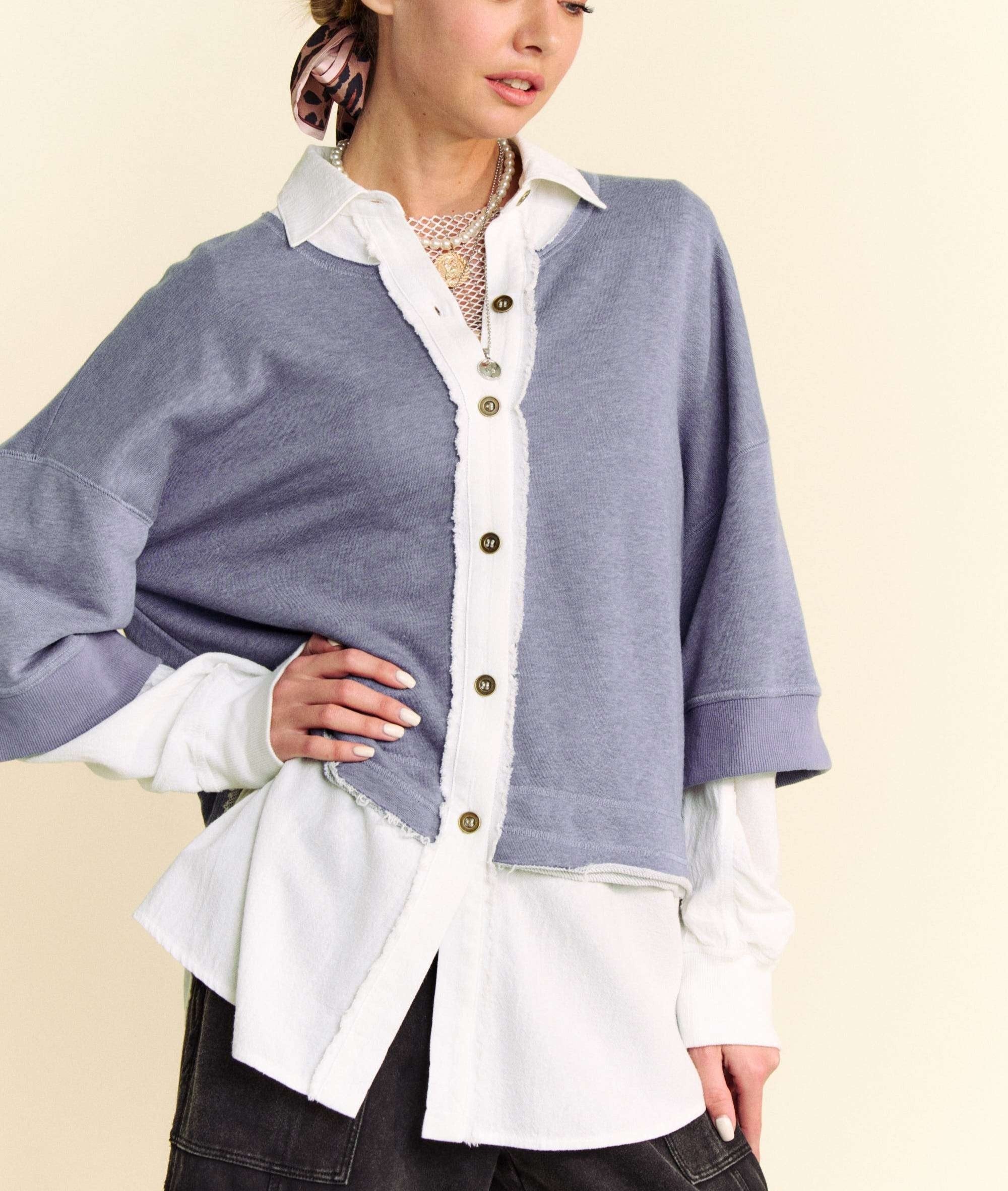 Davi & Dani USA Shirt Faux Layered Blue French Terry Contrast Ribbed Knit Top Denim Blue 45d218df-bb20-4c07-be10-90cb8f6a2f87-Max Trendsi