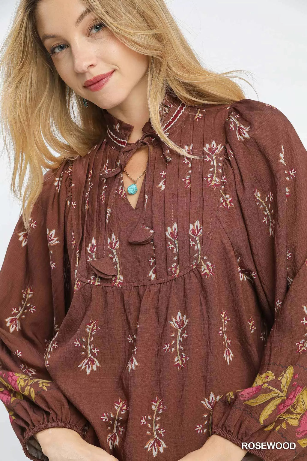 Umgee Women's Blouse Rosewood Floral Boho Peasant Ruffle Tied Top 45d42c4a-1f88-4232-b89e-fc9adf06309a-Max-Origin Trendsi