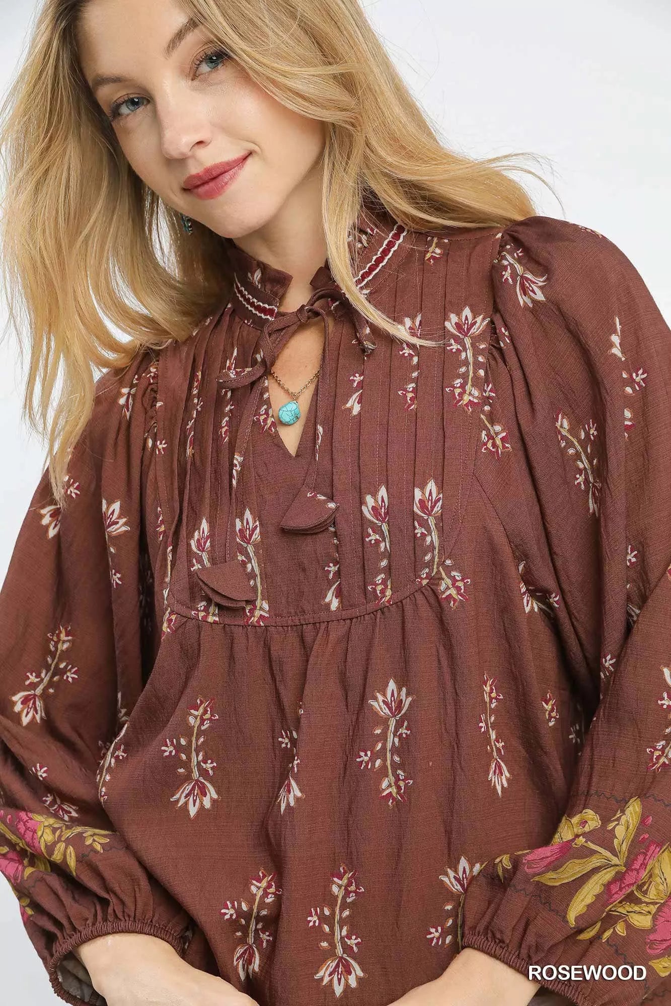 Umgee Women's Blouse Rosewood Floral Boho Peasant Ruffle Tied Top