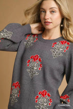Umgee Womens Sweater Jacquard Gray Single Flower Stem Knit Pullover 45d861a1-a66e-4231-b76a-7d6711e90c68-Max-Origin Trendsi
