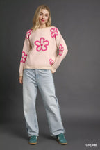 Umgee Women's Sweater Cream with Pink Floral Accents Round Neck Pullover 45d86311-b033-499f-b141-50d1a018ef43-Max-Origin Trendsi