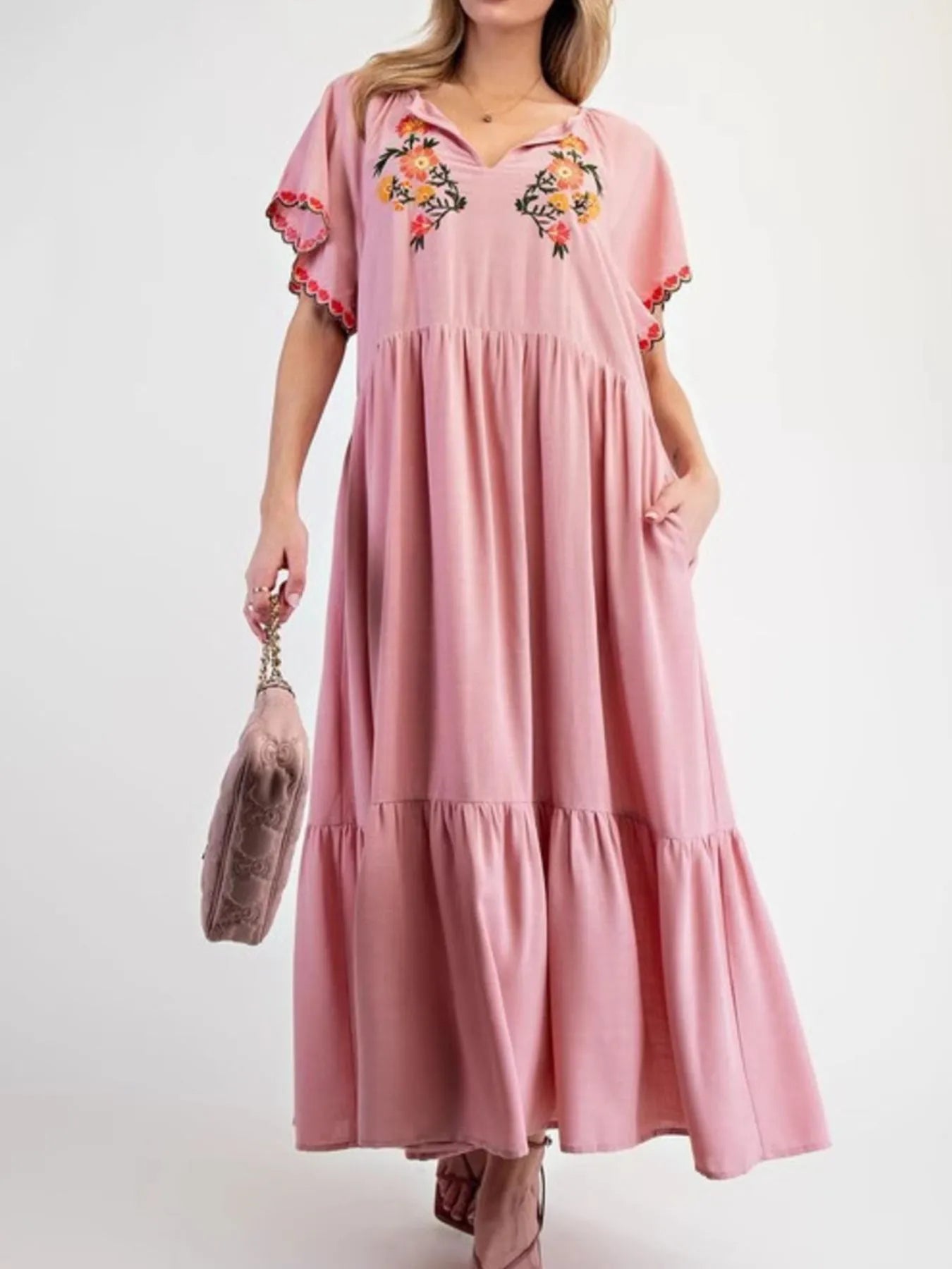 Midi Dress Floral Embroidered Notched Flutter Short Sleeve Ruffled Oversized 45db8494-3ad4-4860-a1ce-ac6113274474-Max-Origin Trendsi