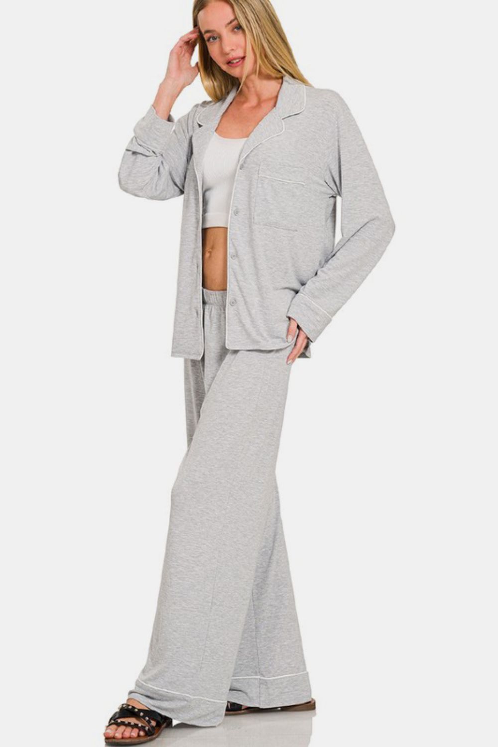 Zenana Lounge Set - 2 Pieces Light Gray Button Down Long Sleeve