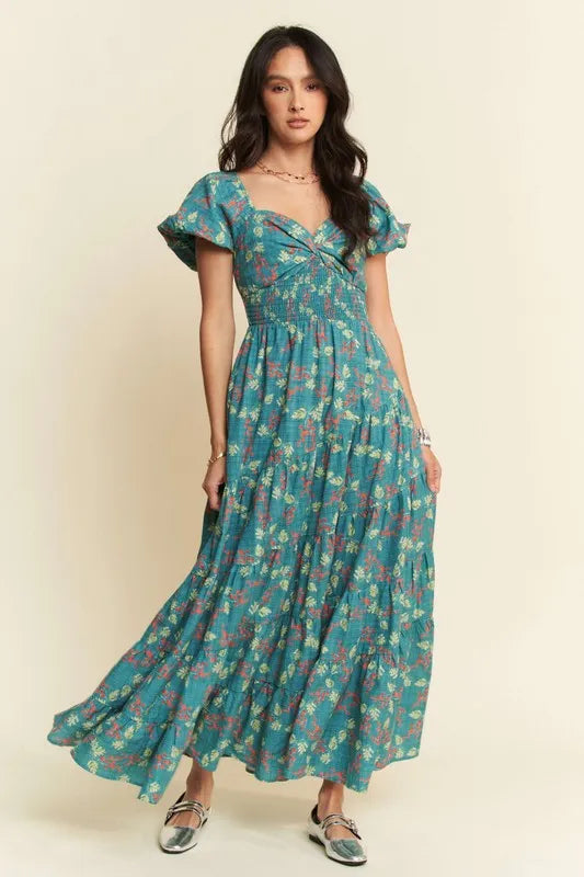 Davi & Dani Maxi Dress Lightweight Tiered with Sweetheart Neckline Teal Green 45de8a192a584952a08d7b7164a385b5-Max-Origin Trendsi
