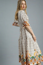 Umgee Midi Dress Ivory Diamond Printed Smocked Waist Flounce Sleeve 45dfad4e-652d-46d5-88fa-910bbc4ec55f-Max-Origin Trendsi