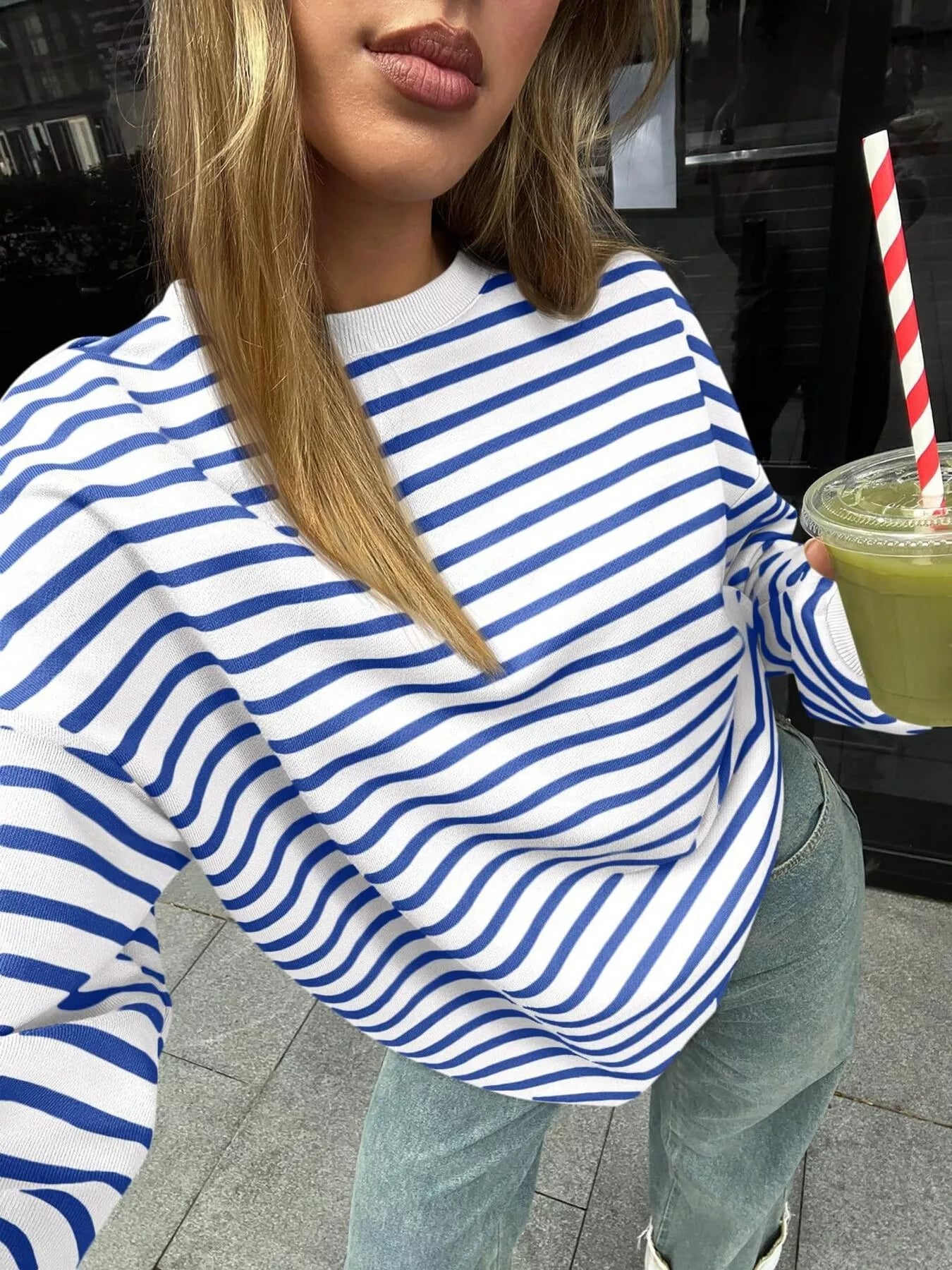 Women's Sweatshirt Striped Round Neck Oversized Casual Pullover 45dfbadf421e461eb53f4f77adb8f2f6-Max-Origin Trendsi