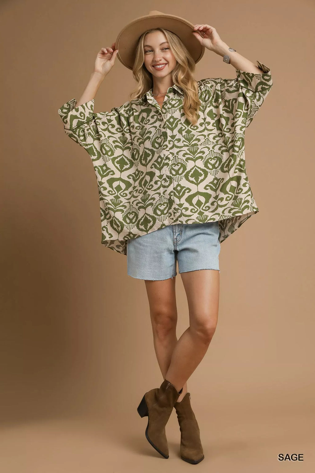 Umgee Womens Shirt Sage Green Abstract Print Button-Up Oversized Top 45e35e7b-e404-46c2-bc63-db0d43aed63b-Max-Origin Trendsi