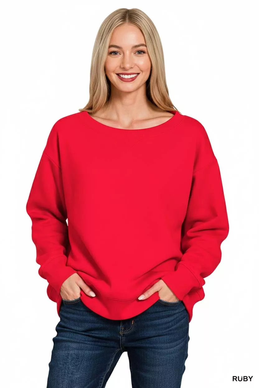 Zenana Fleece Sweatshirt Womens Ruby Red Boat Neck Long Sleeve 45e59ae0-83da-4cdb-8051-492503e23ea8-Max-Origin Trendsi
