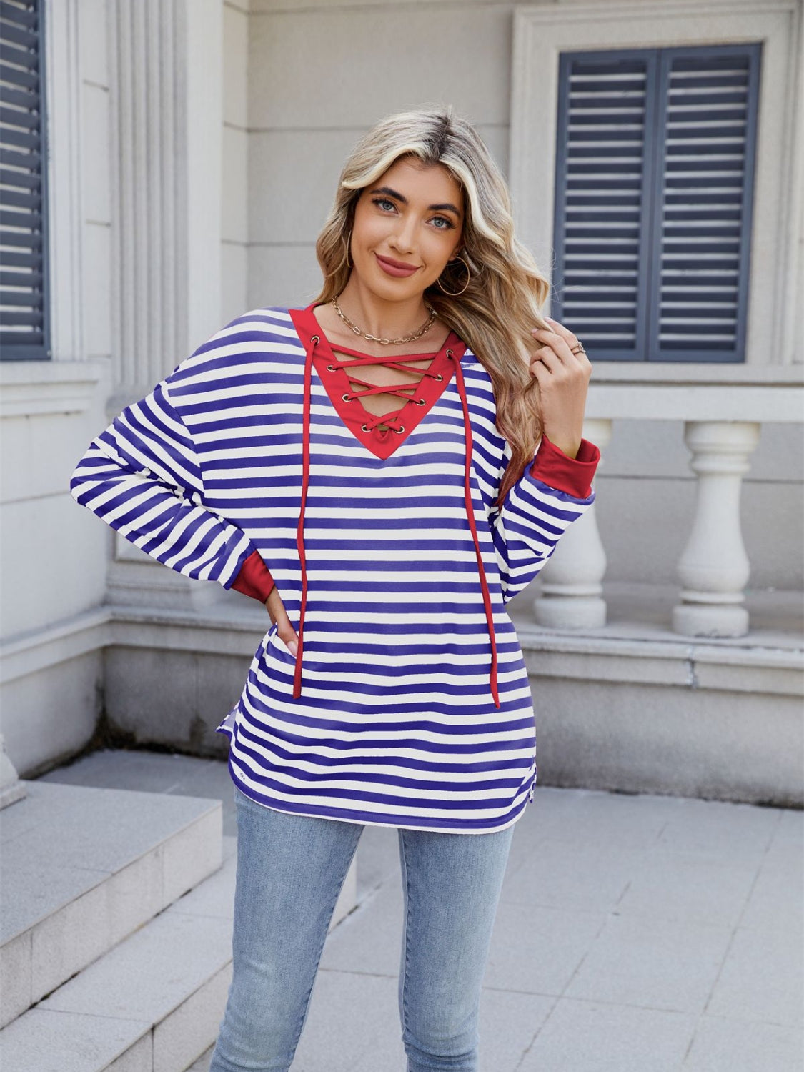 Striped T-Shirt Lace-Up Crisscross V Neck Long Sleeve Blouse Top Peacock Blue 45f0c0fb-b107-4d5a-bb58-ebdcf0014b29-Max Trendsi