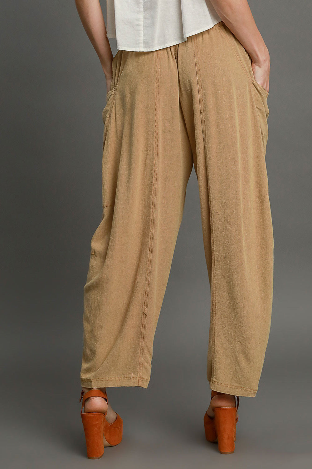 Umgee USA Women Latte Pants Linen Cotton Elastic Waist Baggy with Pockets